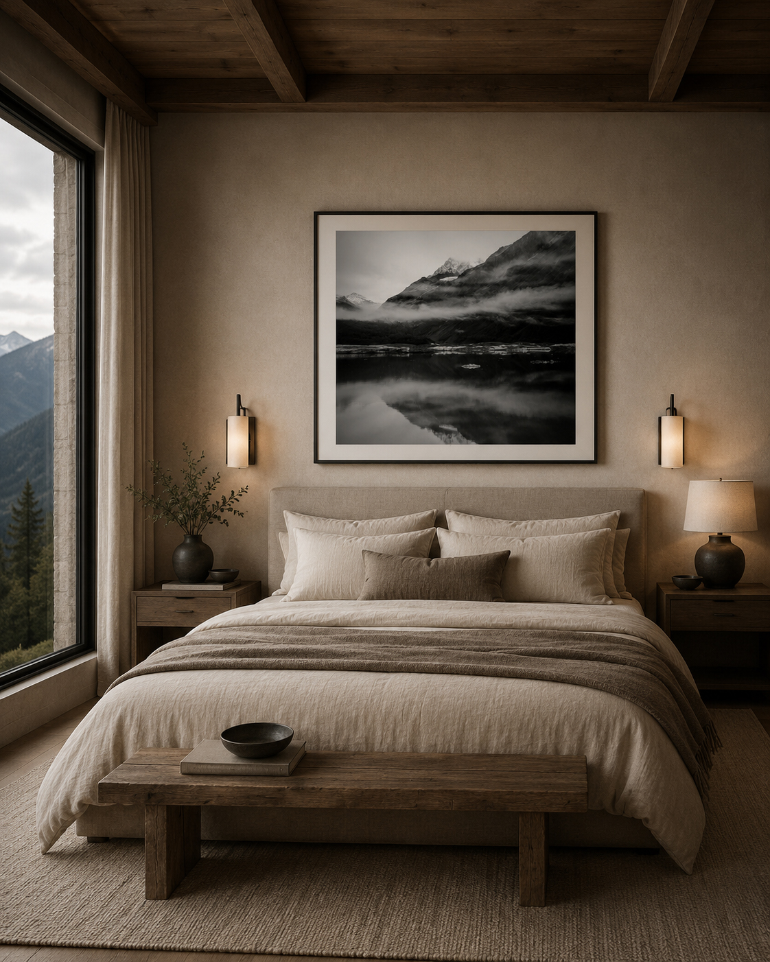 Valdez Alaska Glacial Lake Black and White artwork in a warm mountain bedroom